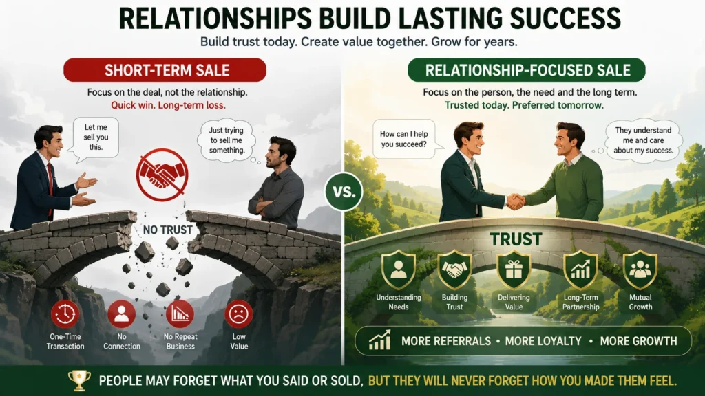 Build lasting customer relationships in selling infographic: long-term trust vs short-term transactions
