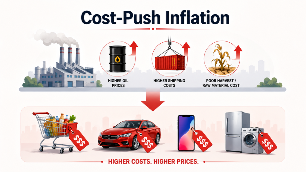 Cost-push inflation infographic showing rising production costs from oil shipping and harvests being passed to consumers as higher prices