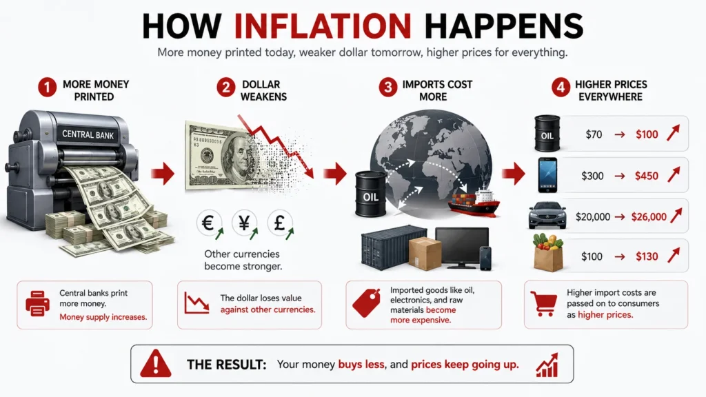 Currency devaluation and money printing cause of inflation infographic: printing press leading to weaker dollar and higher prices