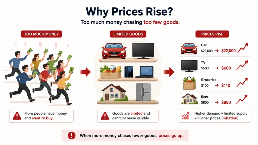 Excessive demand pull inflation explained infographic: too much money chasing too few goods leading to higher prices