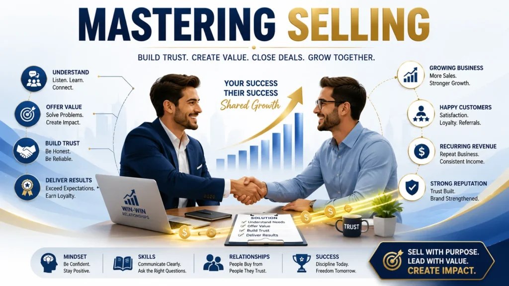 How to become proficient in selling infographic: key skills for entrepreneurs including understanding customer needs, selling emotions, and building trust
