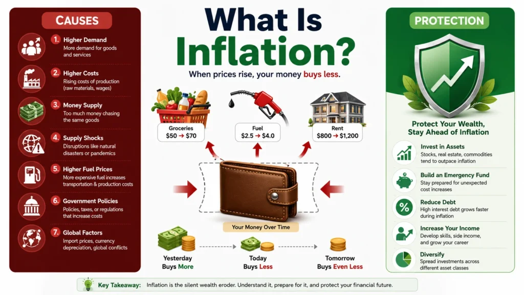 What is inflation explained infographic: 7 real causes, how inflation hits your wallet with rising prices on groceries, rent, and fuel, and how to protect your money in 2026
