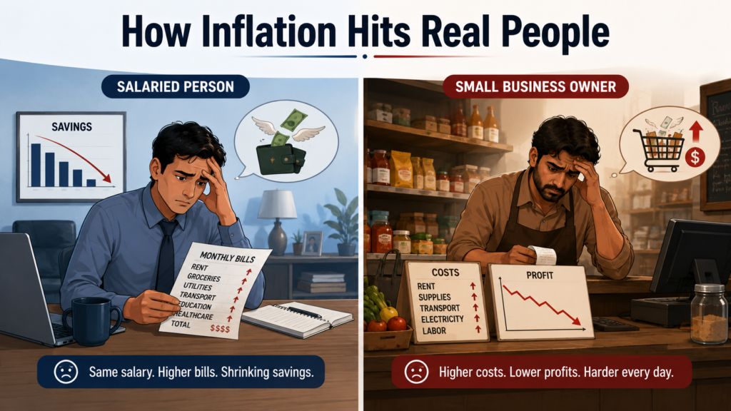 How inflation hits real people infographic showing impact on salaried workers savings and small business owners profits