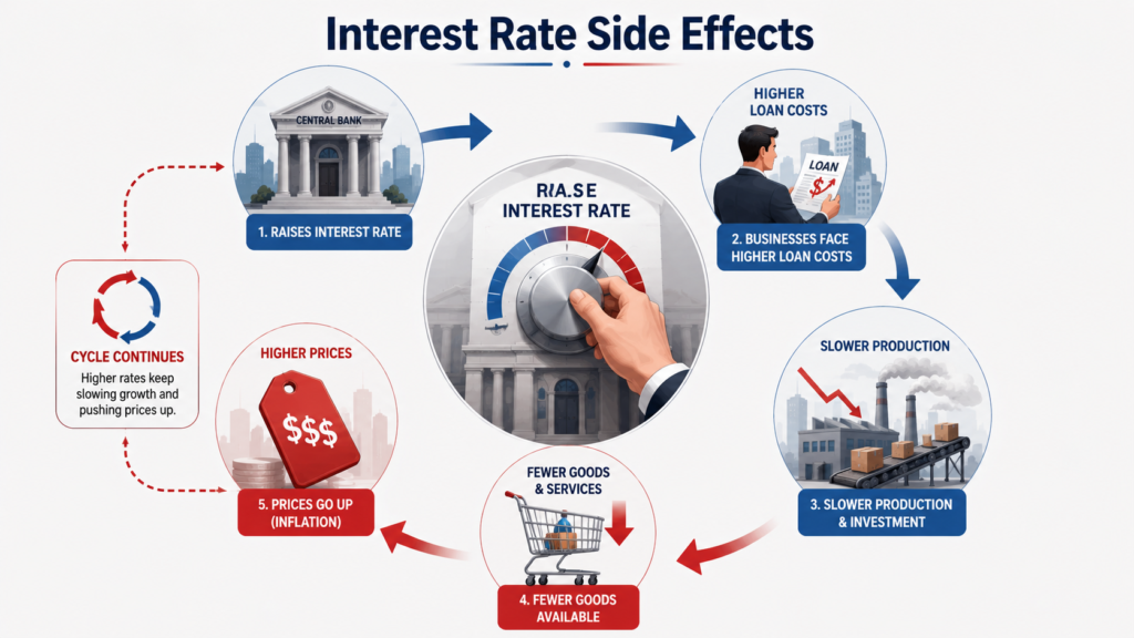 Interest rate side effects on inflation infographic showing higher rates increasing business costs slowing production and worsening price rises