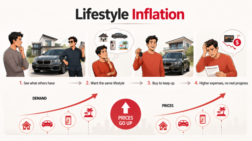 Lifestyle inflation explained infographic showing keeping up with the Joneses leading to higher demand and rising prices on cars phones and vacations
