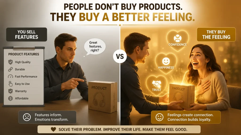 Sell emotions not just product infographic: customer feelings of confidence trust and happiness driving buying decisions