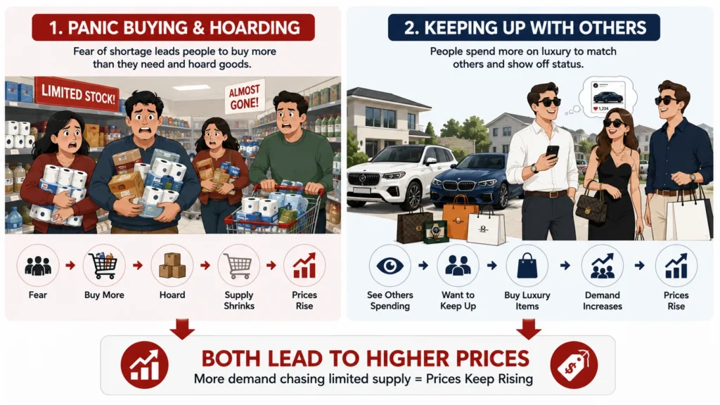 Speculative and lifestyle inflation explained infographic: panic buying and keeping up with the Joneses driving prices higher