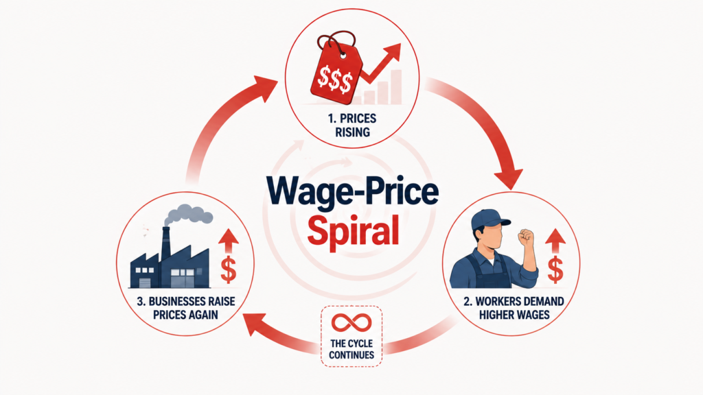 Wage-price spiral infographic showing the cycle of rising prices higher wages and businesses raising prices again