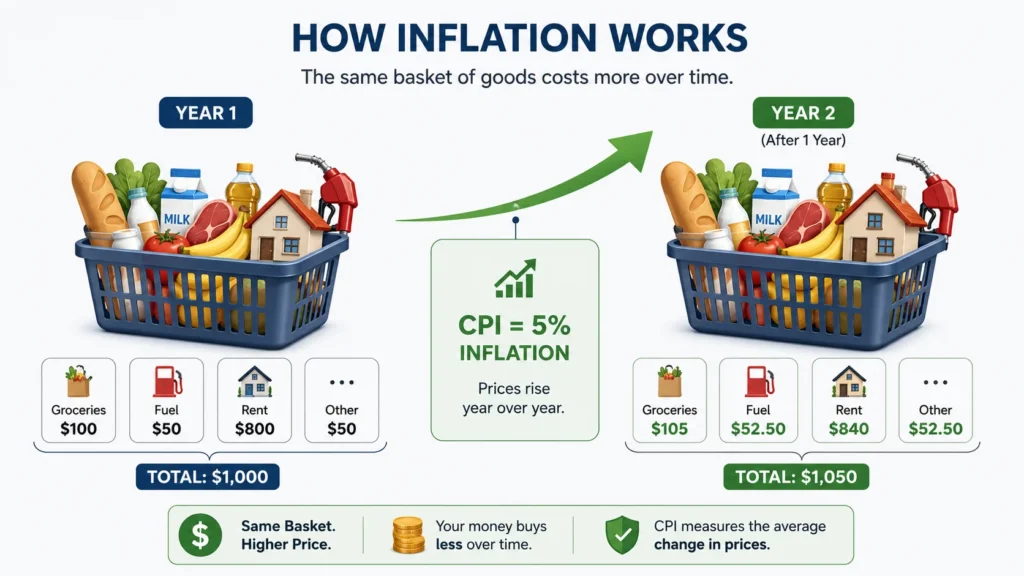 What is inflation and how CPI measures it infographic: basket of goods showing rising prices on groceries, fuel, rent, and everyday items