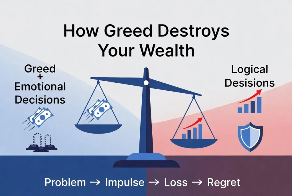 How Greed Destroys Your Wealth infographic: Balance scale showing emotional greed decisions leading to financial loss versus logical decisions leading to stable growth and protection