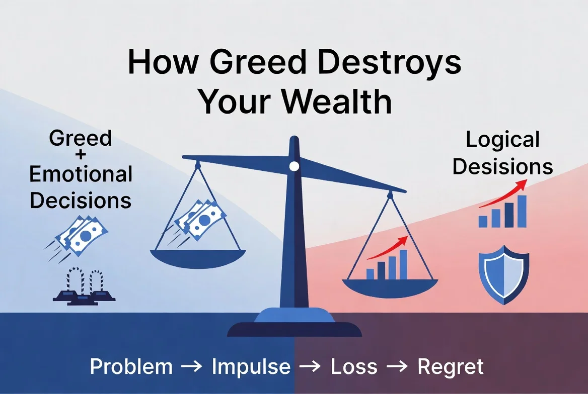 How Greed Destroys Your Wealth infographic: Balance scale showing emotional greed decisions leading to financial loss versus logical decisions leading to stable growth and protection