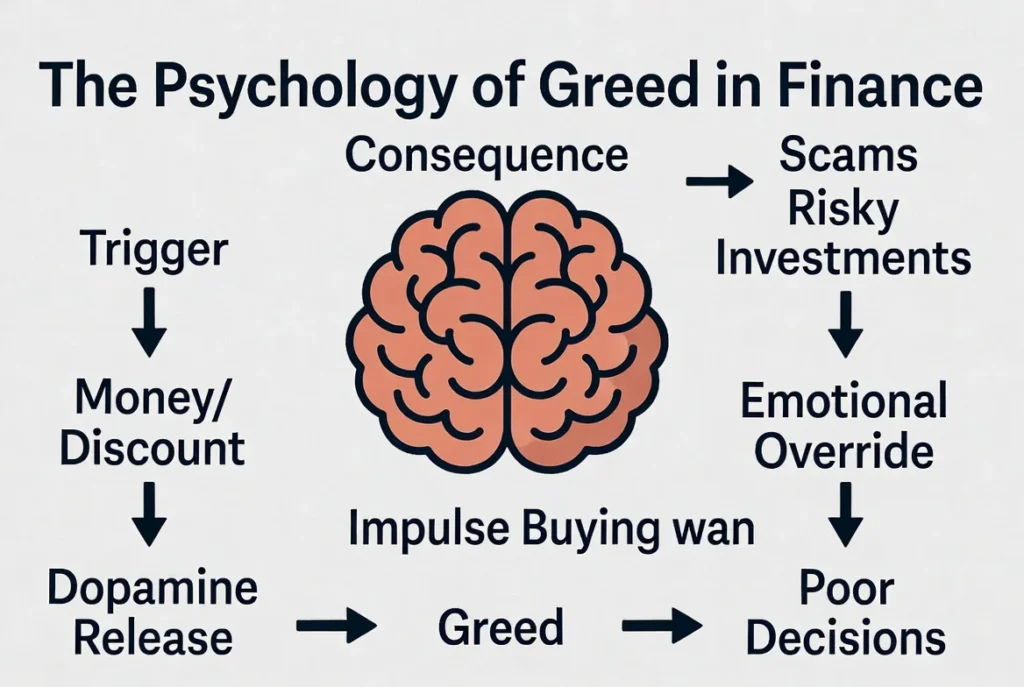 Greed trap in daily spending infographic: Step-by-step flowchart showing how 50% off discounts trigger impulse buying, leading to regret and unnecessary money loss