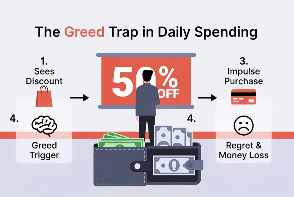 Psychology of greed in finance infographic: Brain showing how dopamine triggers from money and discounts lead to emotional override and poor financial decisions