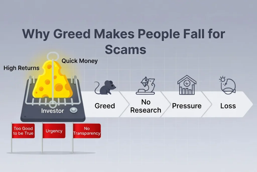 Financial scams and greed mouse trap infographic: How greed for high returns and quick money leads investors into traps with unrealistic promises and pressure tactics