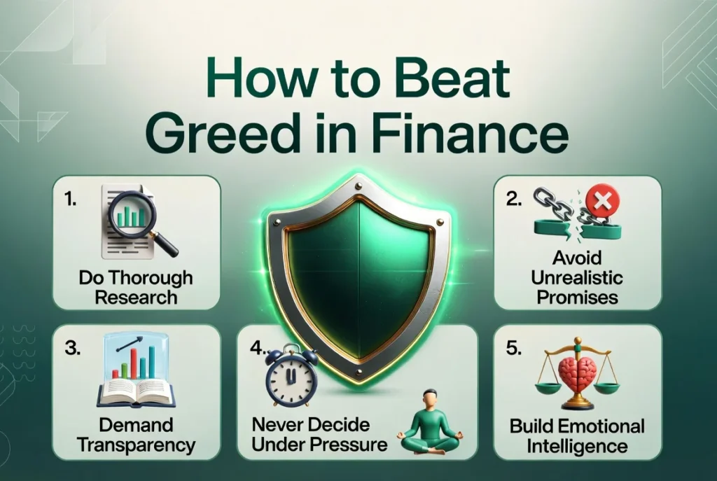 How to beat greed in finance infographic: 5 powerful strategies including research, transparency, avoiding pressure, and building emotional intelligence to protect your money