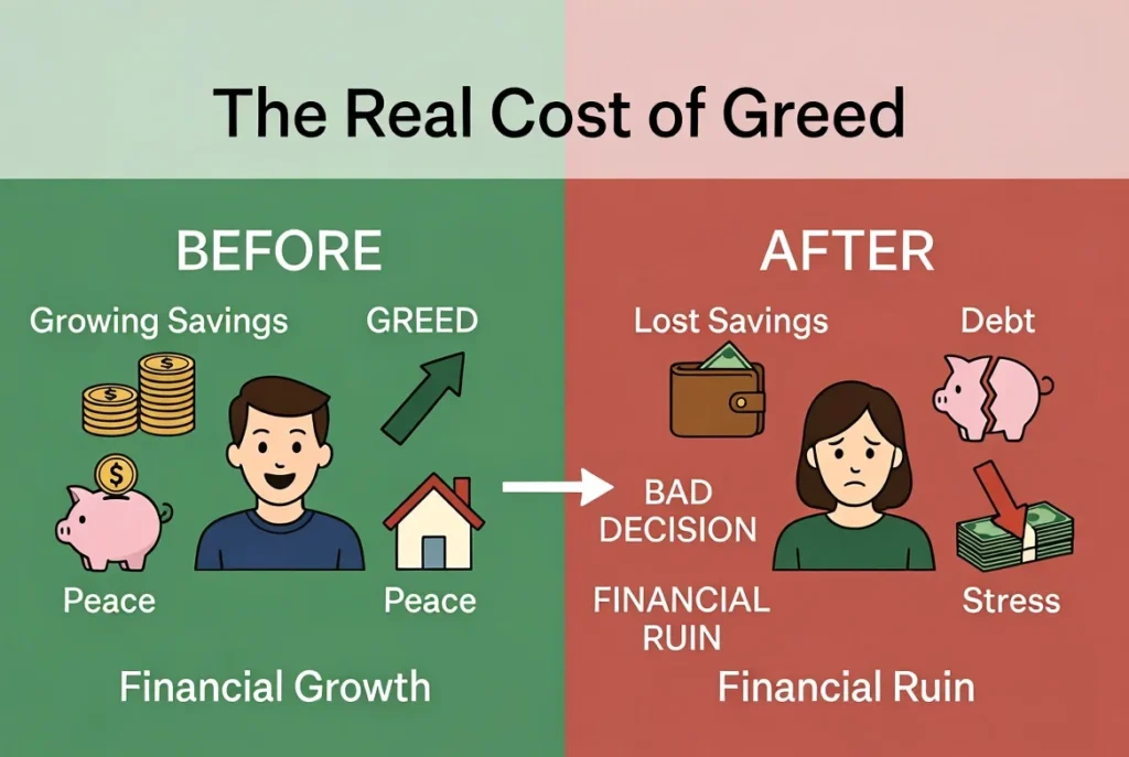Devastating effects of greed infographic: Before and after comparison showing how unchecked greed leads from excitement and false wealth to financial ruin, debt, and regret