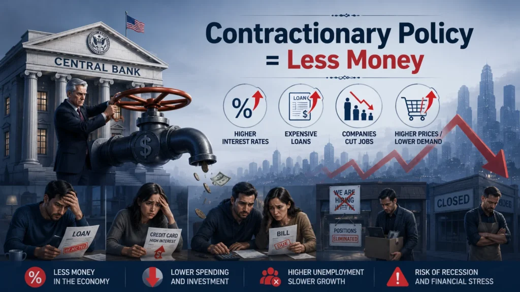 Contractionary monetary policy: Central bank raising interest rates to reduce money supply, control inflation, and its impact on loans and employment