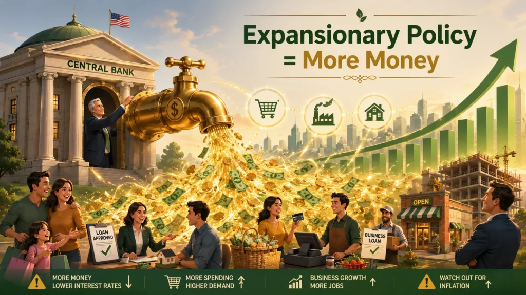 Expansionary monetary policy explained: Central bank lowering interest rates to increase money supply, boost loans, spending, and economic growth