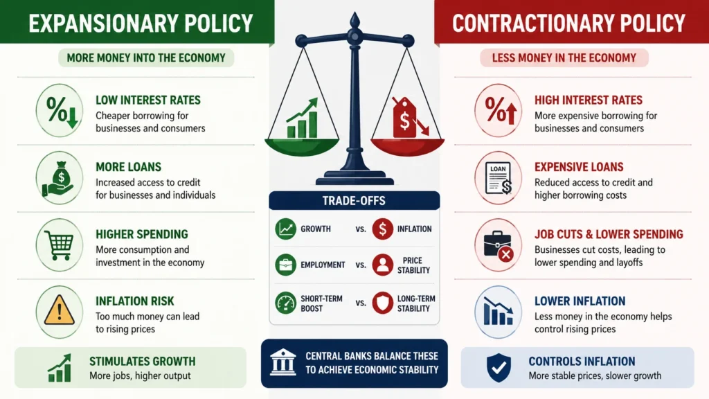 Expansionary vs contractionary monetary policy comparison: Effects on interest rates, inflation, employment, loans, and economic growth