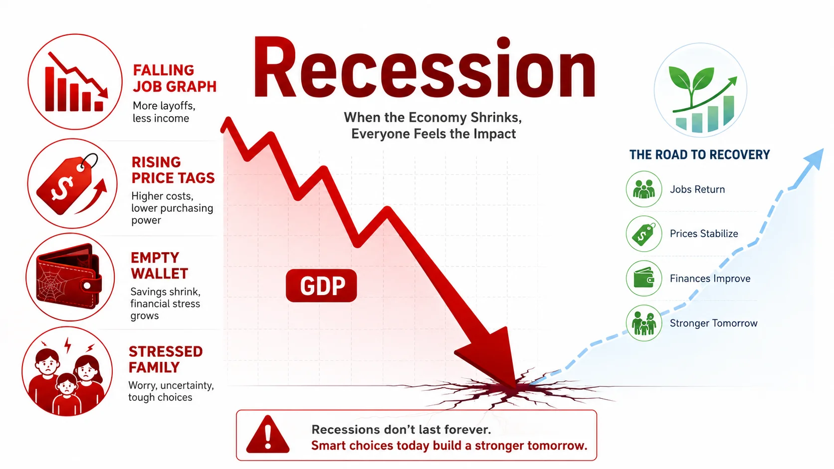 Recession explained 2026 infographic: How economic recession affects jobs, savings, and daily life with GDP decline, unemployment, and protection strategies