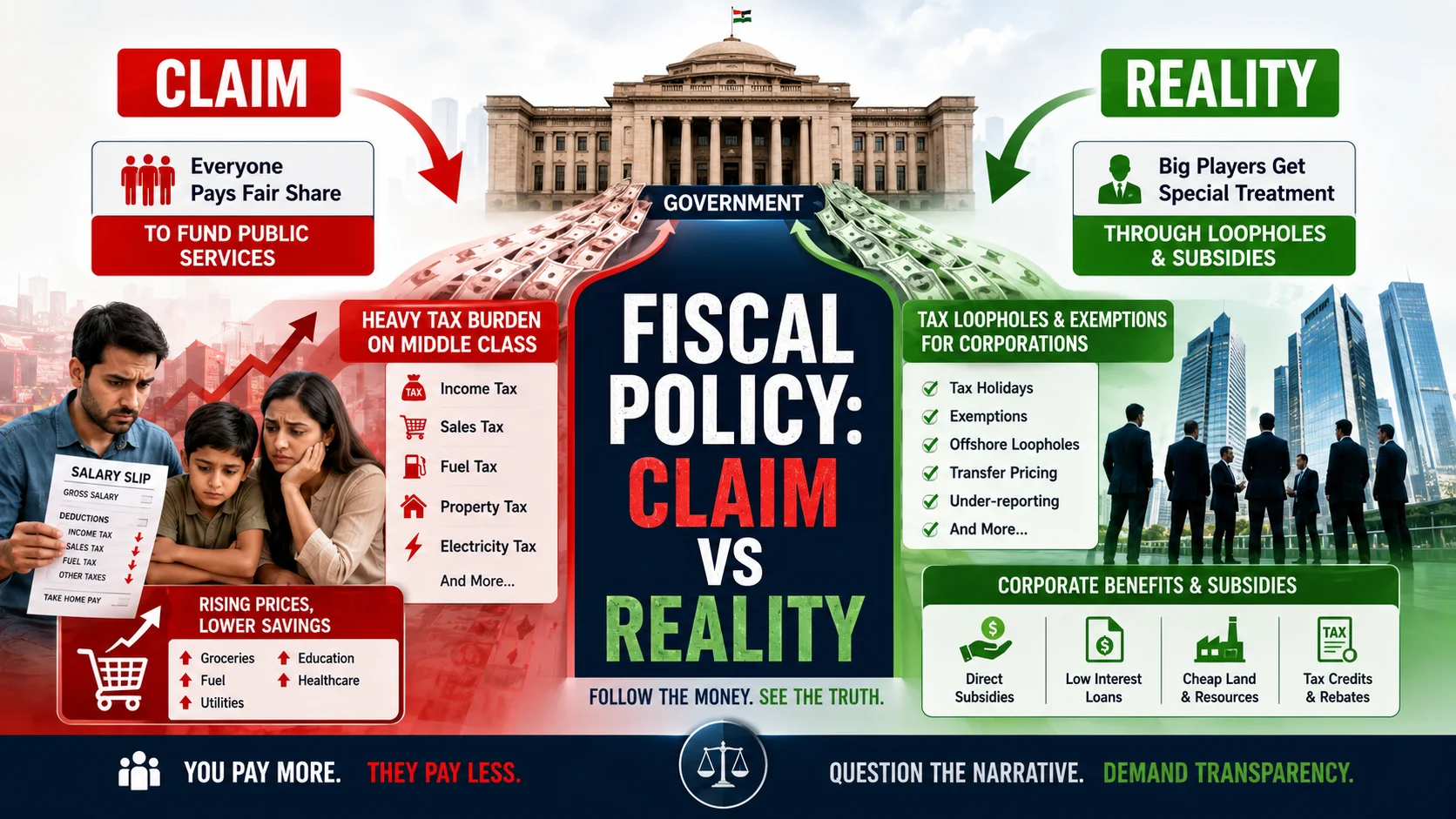 Fiscal policy explained infographic: Claim vs reality showing how government taxes and spending affect common people vs big corporations
