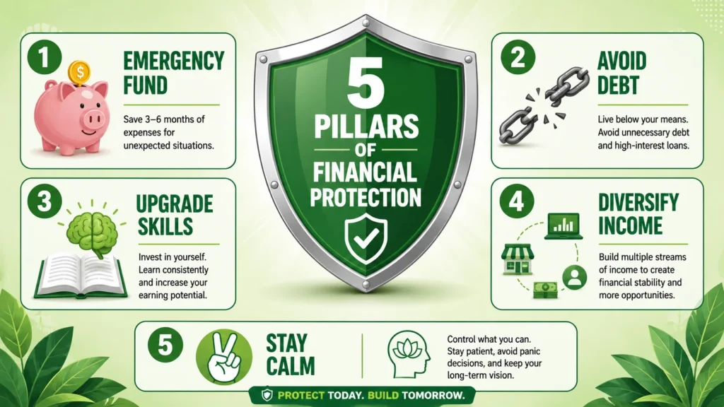 How to survive recession checklist: 5 practical steps including emergency fund, skill development, debt avoidance, and staying calm during economic downturn