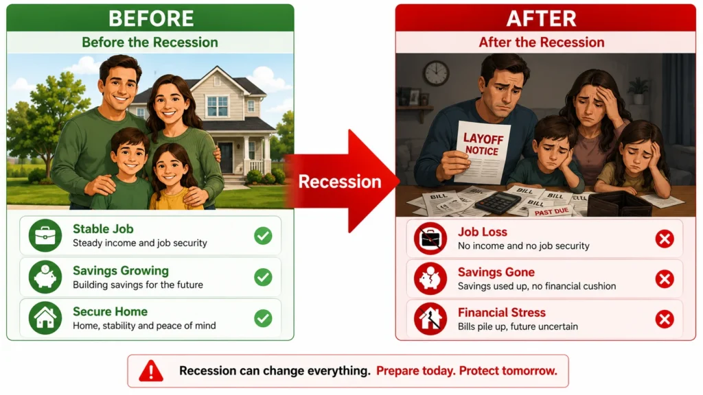 Impact of recession on normal people: Before and after comparison showing job loss, financial stress, debt, and delayed life goals