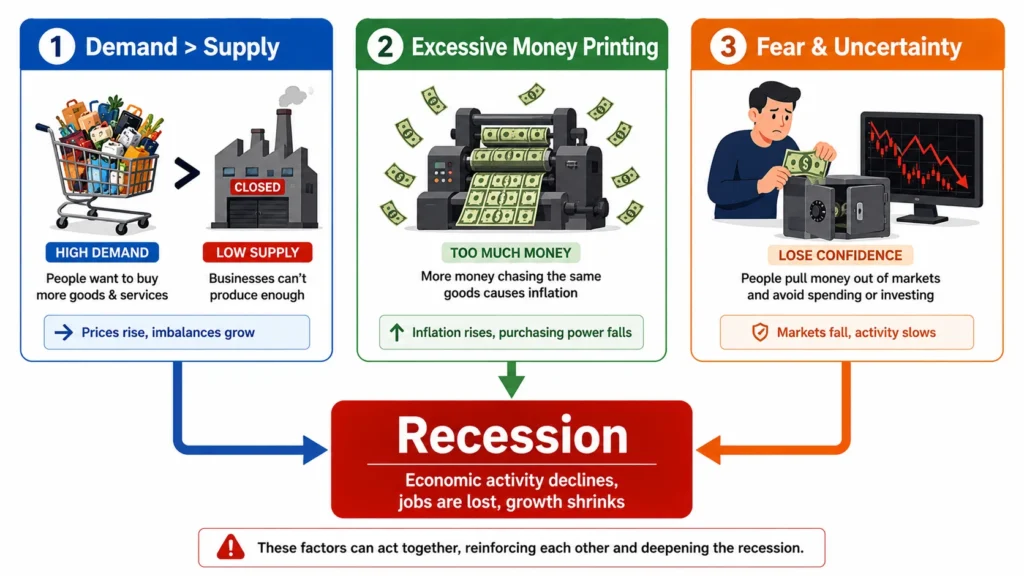 Causes of recession infographic: Major triggers including demand-supply imbalance, excessive money printing, currency devaluation, and fear leading to economic downturn