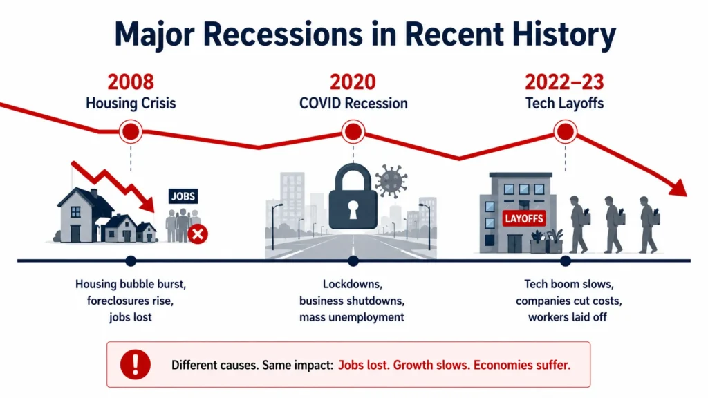 US recession timeline: 2008 Financial Crisis, 2020 COVID-19 recession, and 2022-2023 tech layoffs showing job losses and economic impact