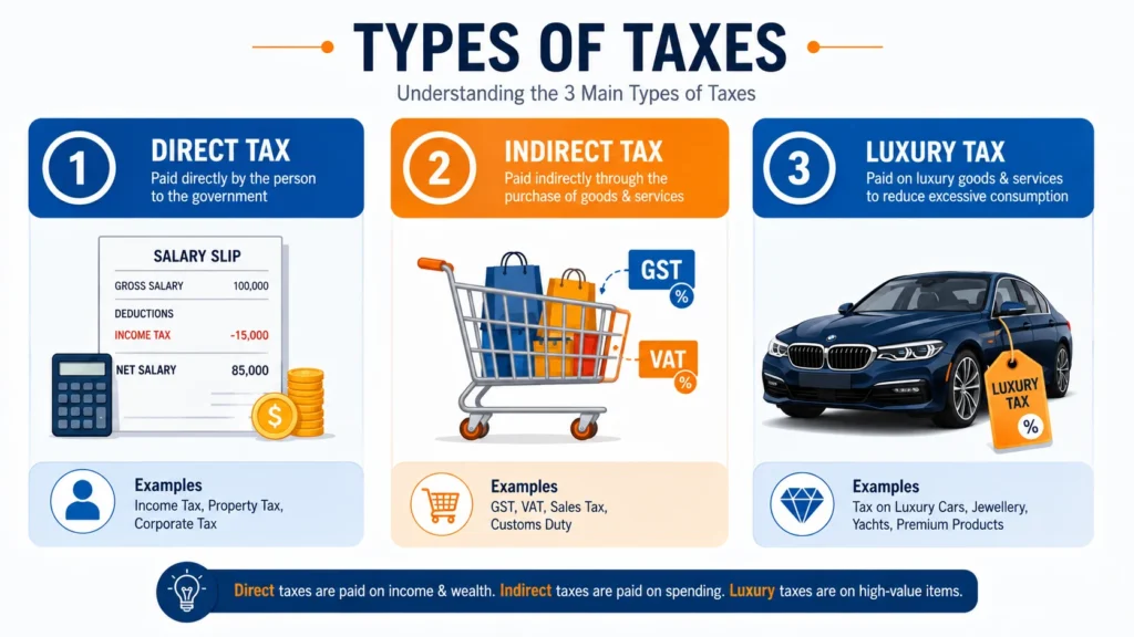 Types of taxes infographic: Direct taxes on income, indirect taxes on purchases, and luxury taxes explained with real-life examples