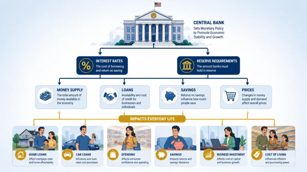 What is monetary policy infographic: Central bank using interest rates and reserve requirements to control money supply, inflation, and economic growth