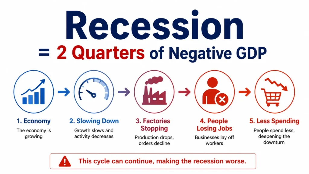 What is a recession diagram: Visual explanation of two consecutive quarters of negative GDP growth, rising unemployment, decreased spending, and economic slowdown