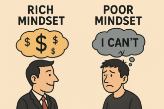 Rich vs poor mindset comparison showing how positive thinking and success habits lead to financial success and freedom