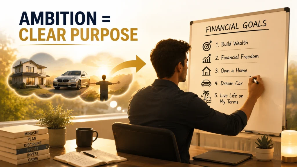 Ambition the first key to financial success infographic showing clear financial goals vision board and purpose for wealth building