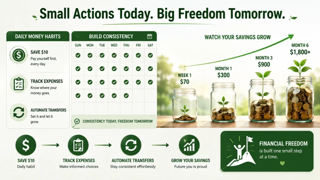 Consistency the secret to financial independence infographic showing daily savings habits tracking and automation for long-term wealth