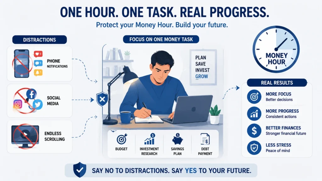 Focus habit for wealth building infographic showing single-tasking money hour and avoiding distractions for financial success