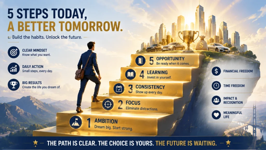 5 proven steps rich people use to achieve financial success infographic showing ambition focus consistency lifelong learning and opportunity for long-term wealth building