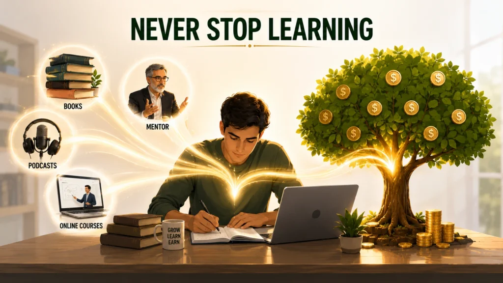 Lifelong learning habit for financial success infographic showing books mentors courses and continuous knowledge for wealth building