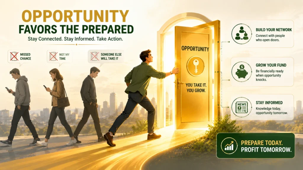 Spotting opportunity smart money management infographic showing networking opportunity fund and acting fast for financial success