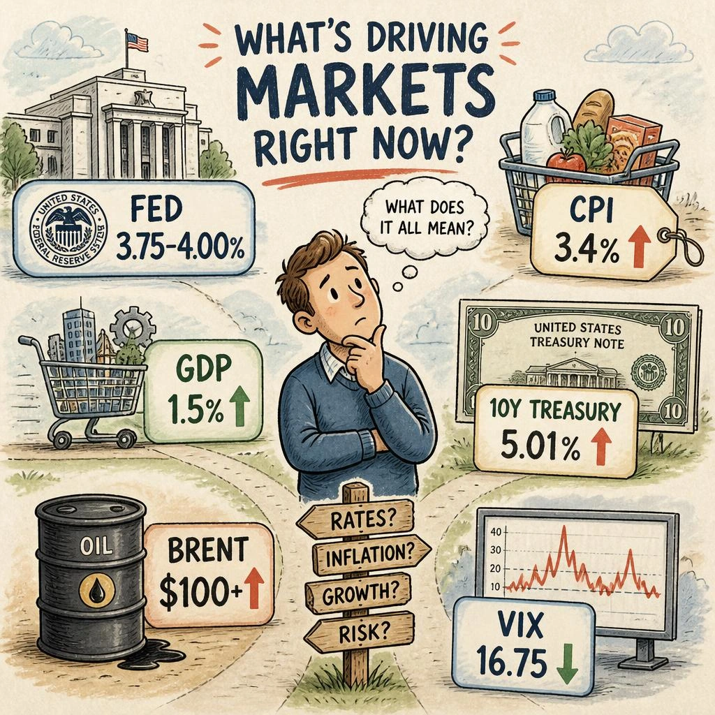 Market snapshot showing Fed rates at 3.75–4.00%, CPI at 3.4%, GDP growth at 1.5%, 10-year Treasury yield at 5.01%, Brent above $100, and VIX at 16.75