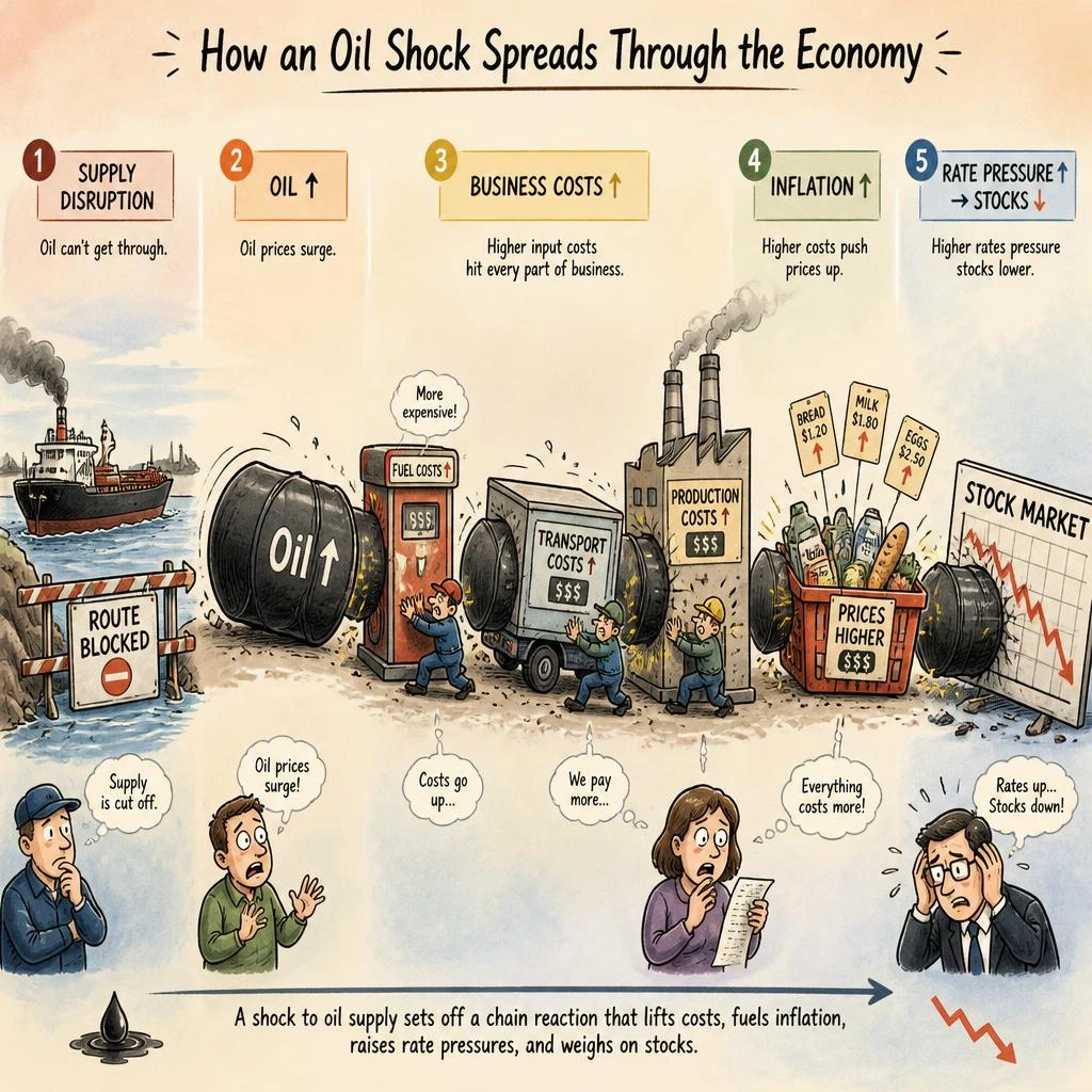 Illustration showing an oil supply disruption raising oil prices, business costs and inflation before putting pressure on stocks
