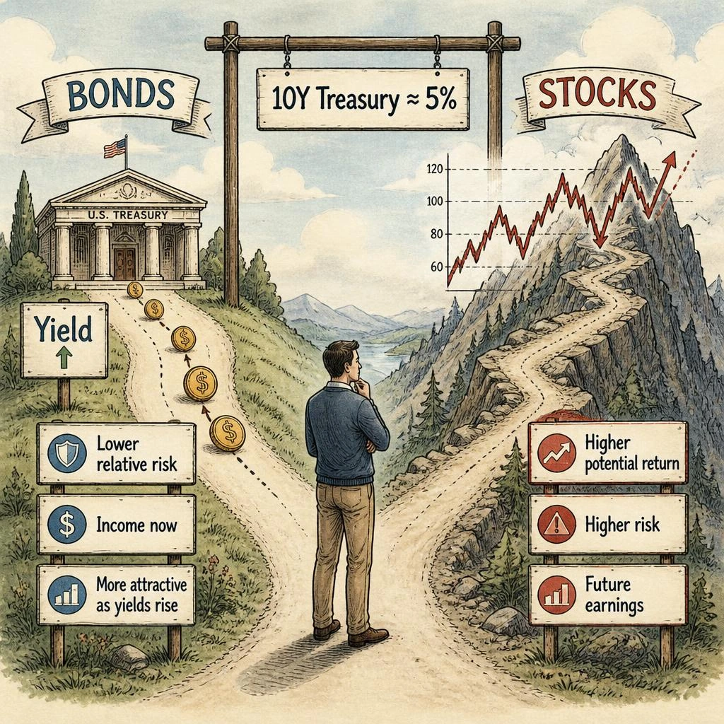 Illustration comparing bonds with higher yields against stocks with higher risk and uncertain returns
