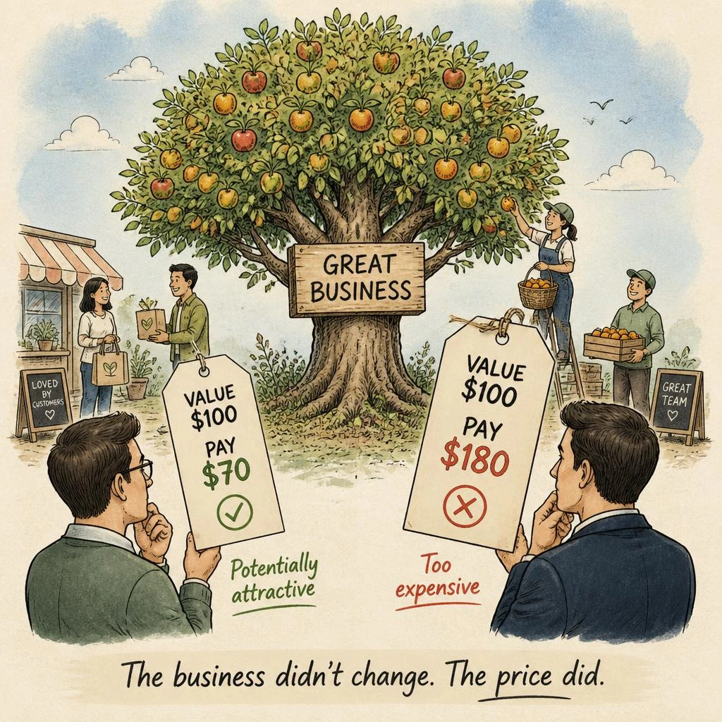Illustration comparing a company's $100 value with an investor paying $70 versus $180 for the same business