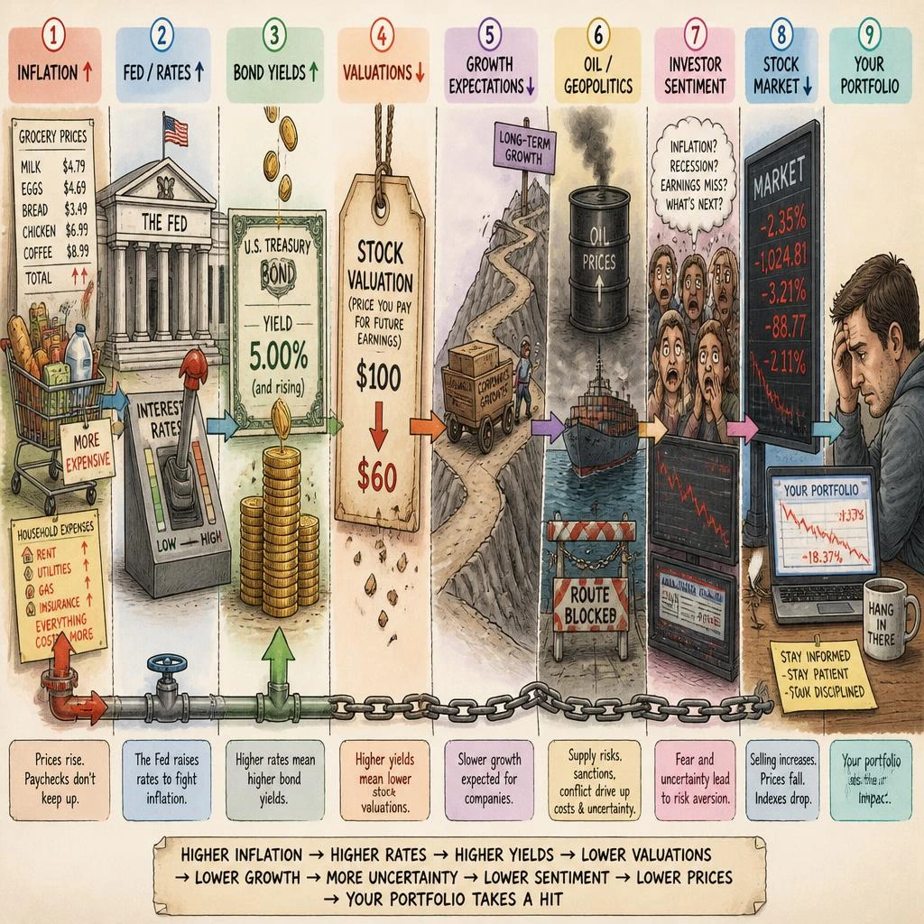 Illustration showing inflation leading to higher rates, bond yields, valuation pressure, weaker growth expectations, oil risks and negative investor sentiment