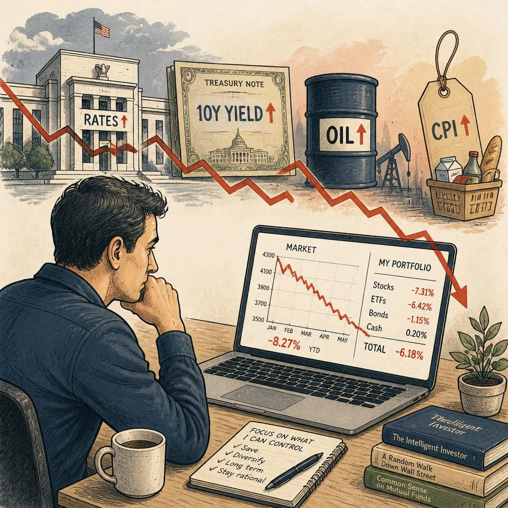 Why Is the Stock Market Falling? Market Pressure Explained Investor looking at a falling stock portfolio while interest rates, Treasury yields, oil prices, and the broader market come under pressure. And thinking why the stock market is falling?