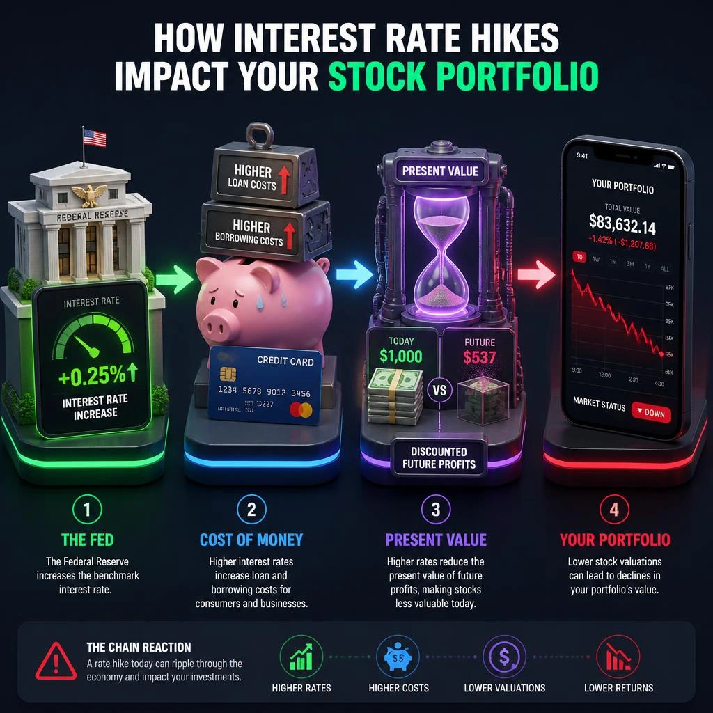 Illustration showing higher Fed rates increasing borrowing costs, reducing the value of future profits and putting pressure on stock valuations