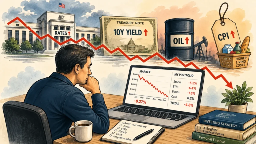 Investor looking at a falling stock portfolio while interest rates, Treasury yields, oil prices, and the broader market come under pressure. And thinking why the stock market is falling?