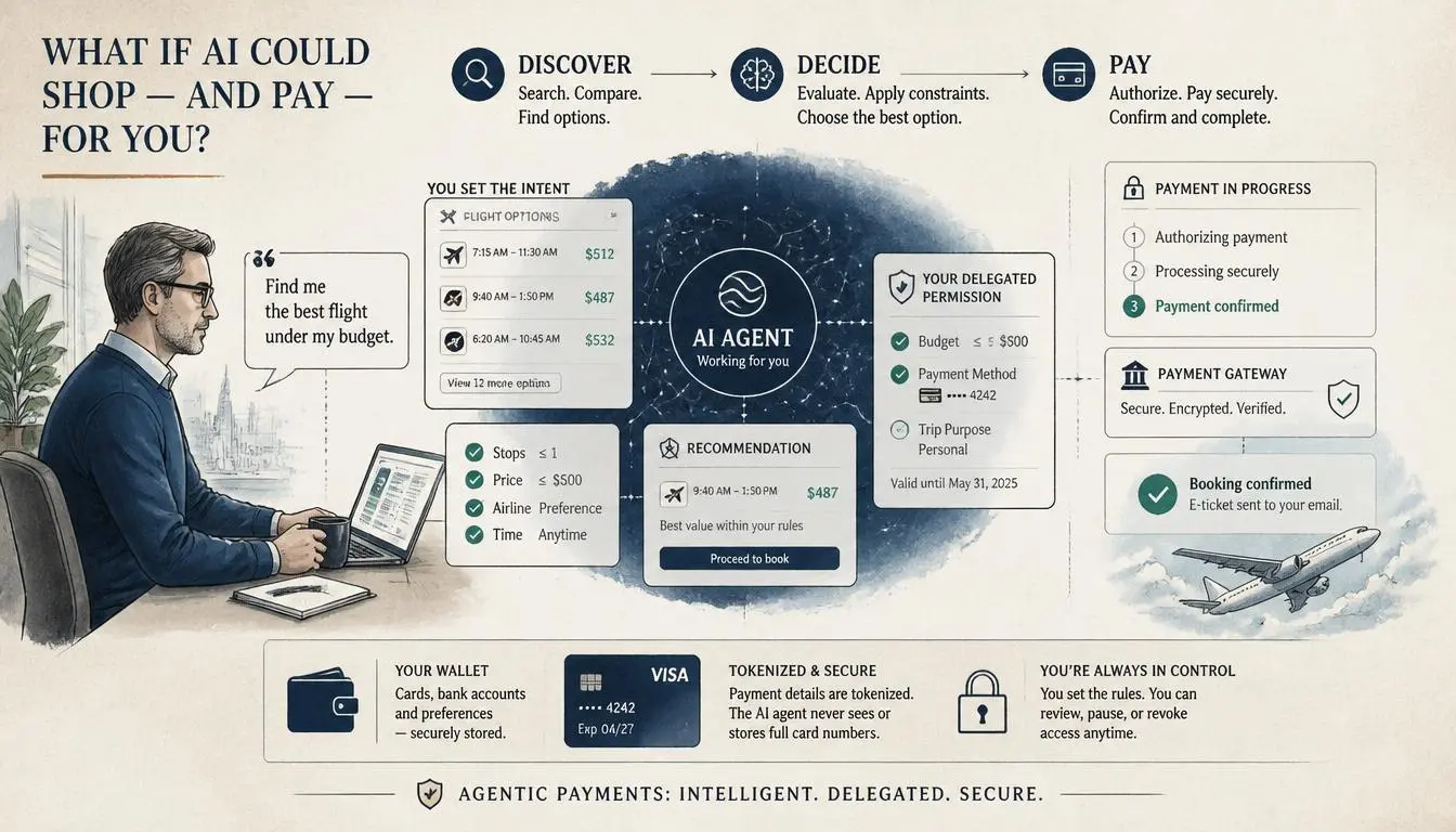 agentic-payments-ai-agents-shop-decide-pay AI agent making a payment on behalf of a consumer in an agentic payment process