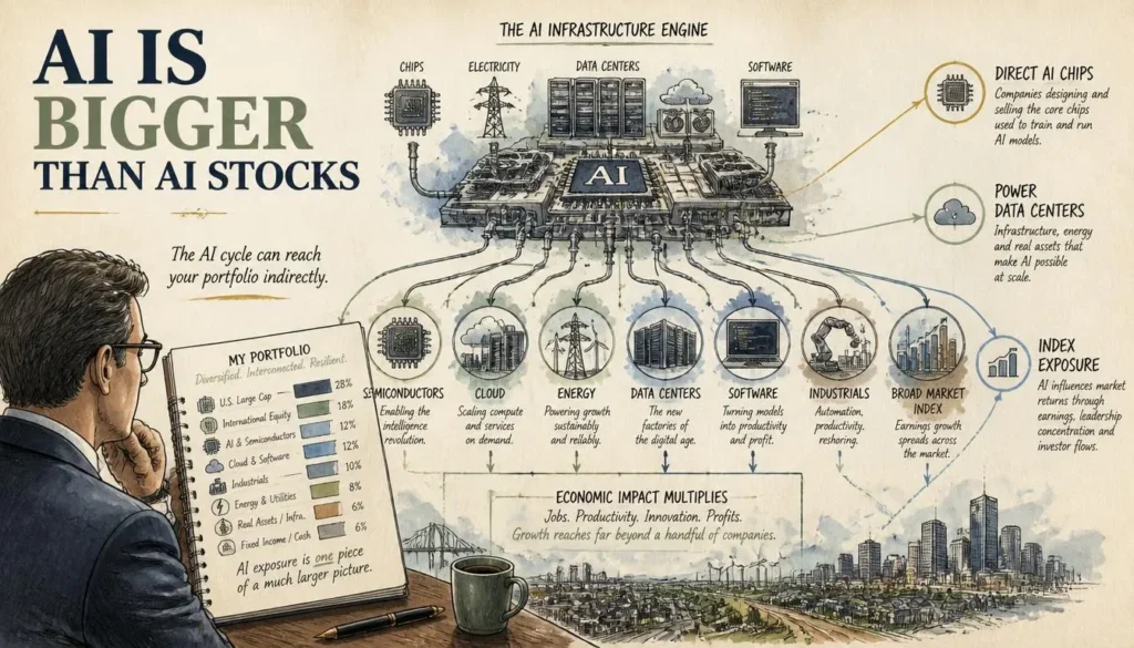 AI boom spreading across stocks through semiconductors, cloud computing, energy, data centers and broader market indexes