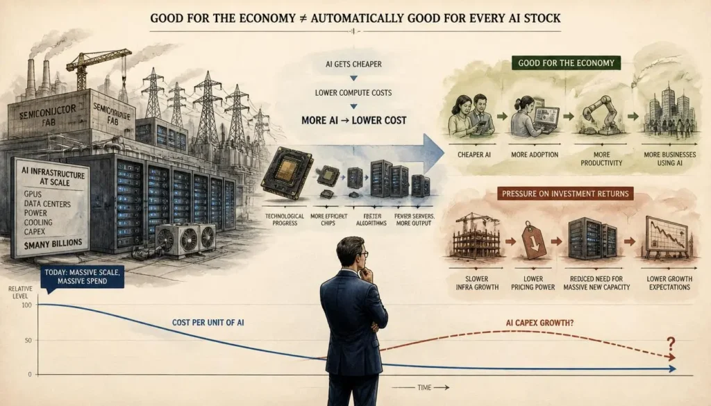 AI efficiency illustration showing lower computing costs, greater adoption and pressure on AI infrastructure spending